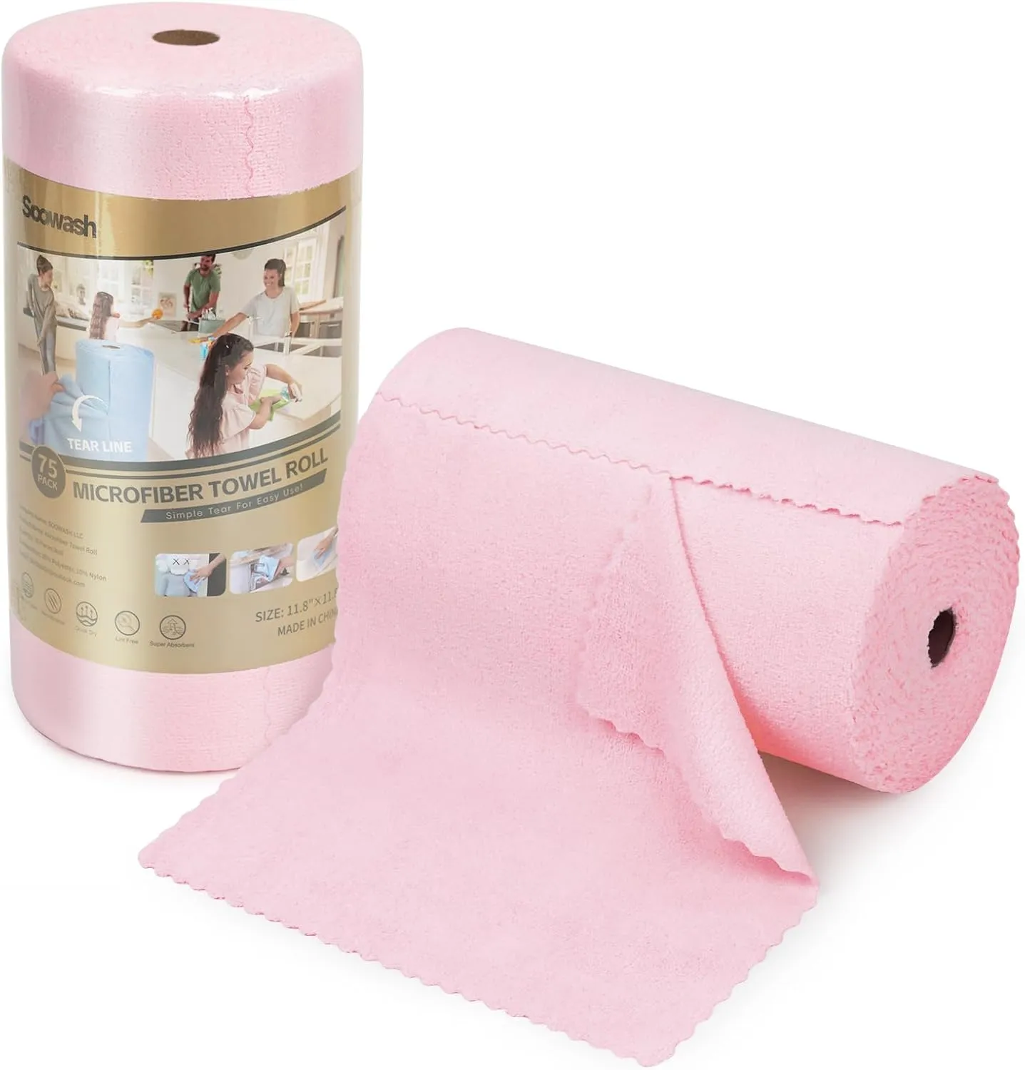 Microfiber Cleaning Cloths Roll 75 Pack 11.8" x 11.8" Reusable Paper Towels Washable Lint Free Quick Dry Ultra Absorbent Scratch Free Tear Away Towels Reusable Rags Kitchens Home (Pink)