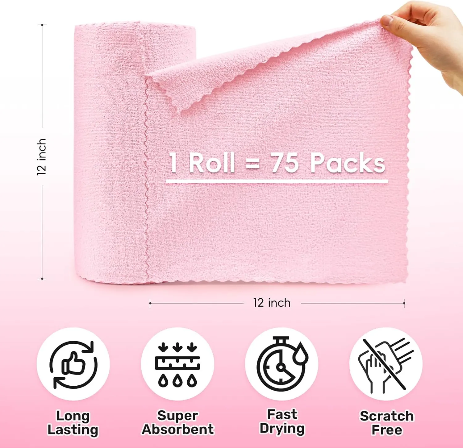 Microfiber Cleaning Cloths Roll 75 Pack 11.8" x 11.8" Reusable Paper Towels Washable Lint Free Quick Dry Ultra Absorbent Scratch Free Tear Away Towels Reusable Rags Kitchens Home (Pink)