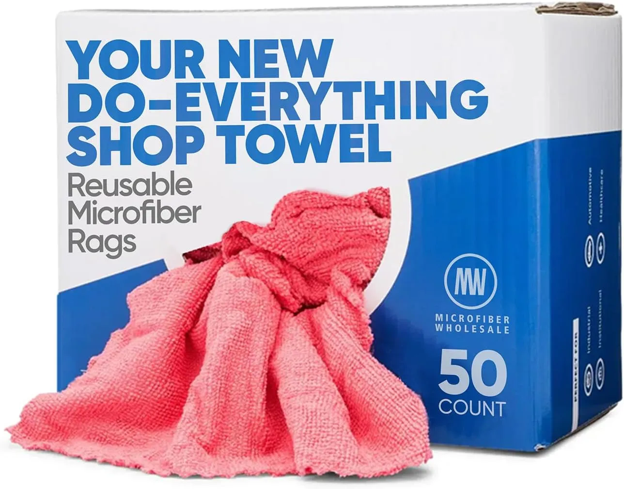 Microfiber Shop Towels | MWipes Reusable Red Shop Rags | 50 Rags in a Box | Super Absorbent, Machine Washable Hundreds of Times | Automotive, Paint, Industrial, Detailing