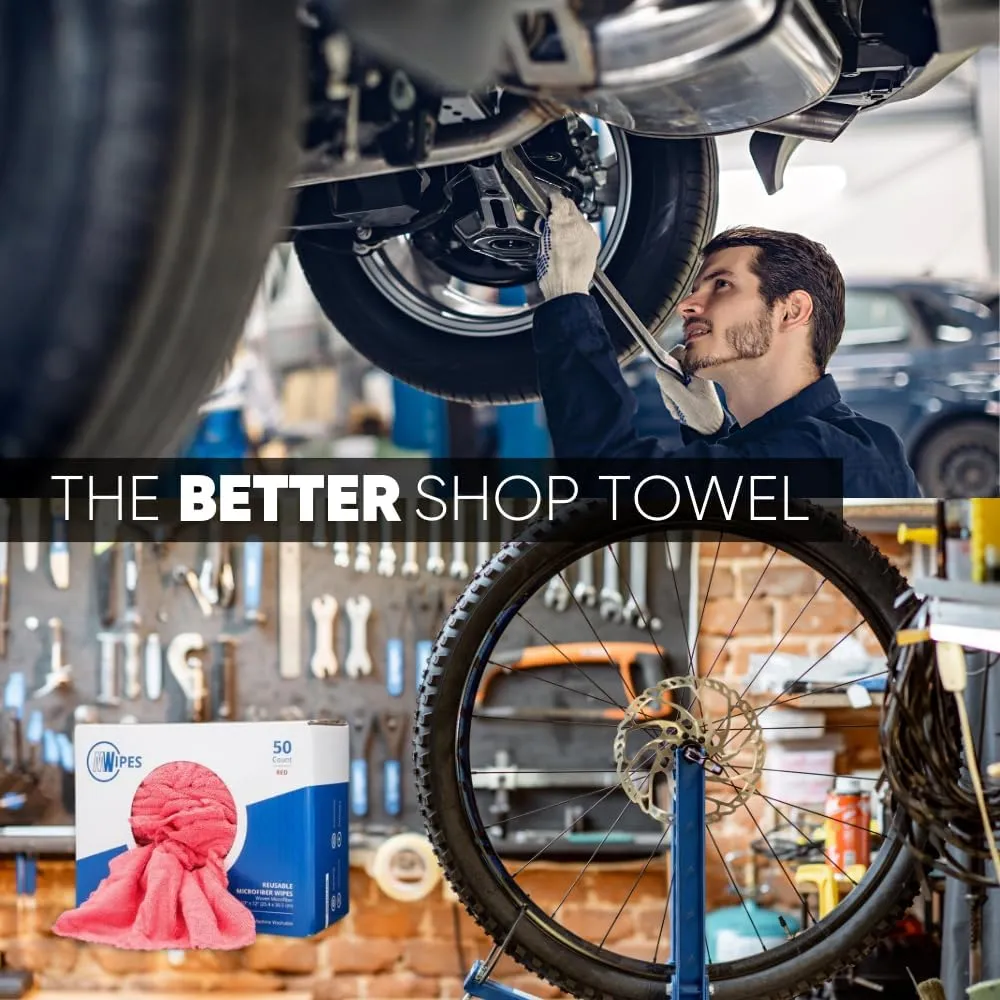 Microfiber Shop Towels | MWipes Reusable Red Shop Rags | 50 Rags in a Box | Super Absorbent, Machine Washable Hundreds of Times | Automotive, Paint, Industrial, Detailing