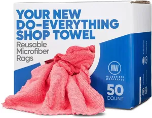 Microfiber Shop Towels | MWipes Reusable Red Shop Rags | 50 Rags in a Box | Super Absorbent, Machine Washable Hundreds of Times | Automotive, Paint, Industrial, Detailing