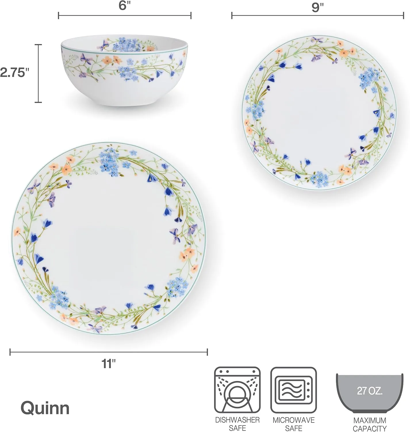 Mikasa Quinn Lightweight Bone China 12 Piece Dinnerware Plate Bowl Set, Service for 4