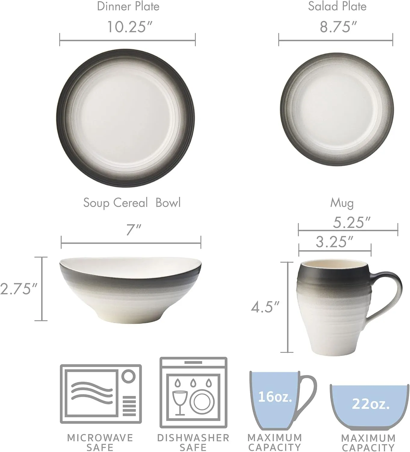 Mikasa Swirl Ombre Graphite 16 Piece Dinnerware Set, Service for 4