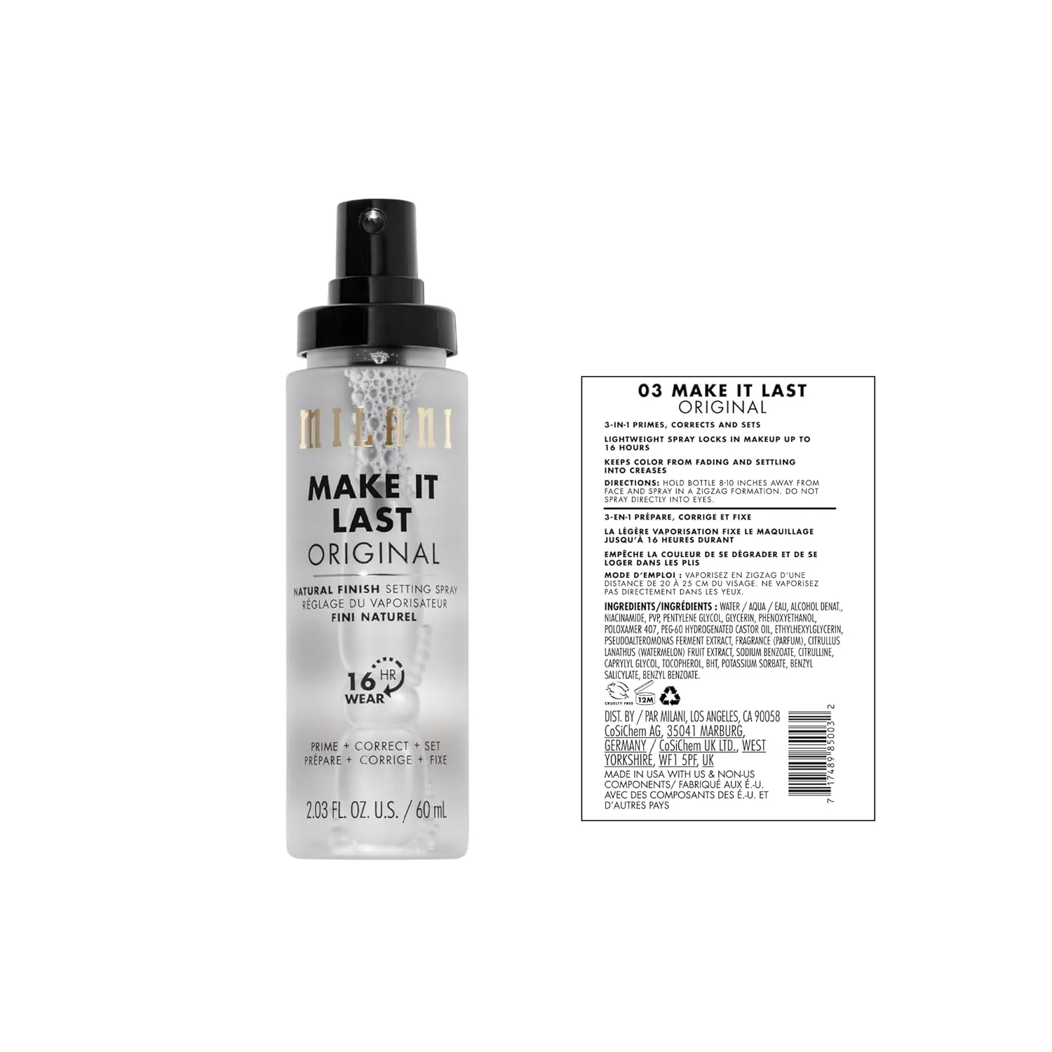 Milani Setting Spray   Primer, Make It Last Original - Natural Finish with Niacinamide for Hydration, Setting Spray for Makeup and Face Primer, 3-in-1 Prime   Hydrate   Set, 2.03 Fl. Oz - 2 Pack