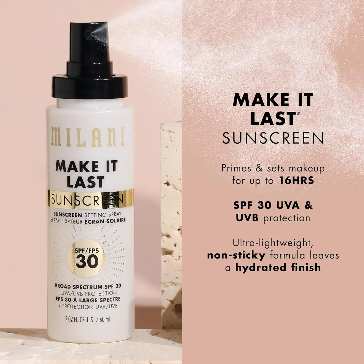 Milani Sunscreen Setting Spray   Primer, Make It Last Sunscreen for Face- SPF 30 UVA & UVB Protection Antioxidant Rich Formula for Broad Spectrum Protection, Prime   Set   Protect, 2.02Fl. Oz - 2 Pack
