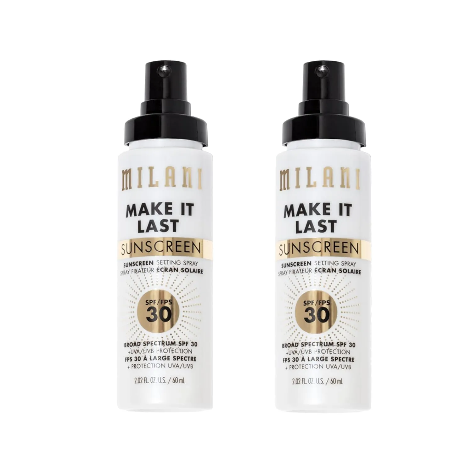Milani Sunscreen Setting Spray   Primer, Make It Last Sunscreen for Face- SPF 30 UVA & UVB Protection Antioxidant Rich Formula for Broad Spectrum Protection, Prime   Set   Protect, 2.02Fl. Oz - 2 Pack