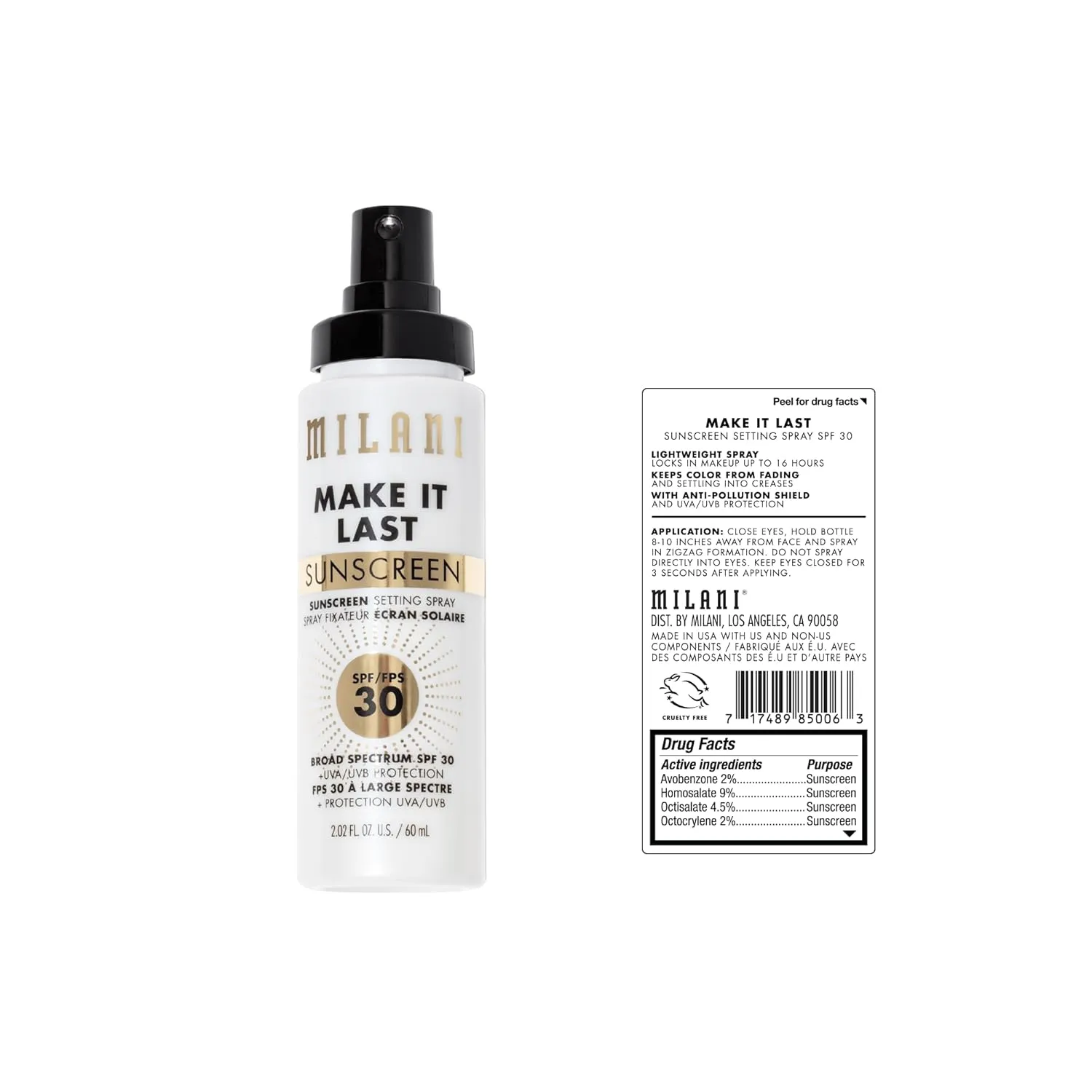 Milani Sunscreen Setting Spray   Primer, Make It Last Sunscreen for Face- SPF 30 UVA & UVB Protection Antioxidant Rich Formula for Broad Spectrum Protection, Prime   Set   Protect, 2.02Fl. Oz - 2 Pack