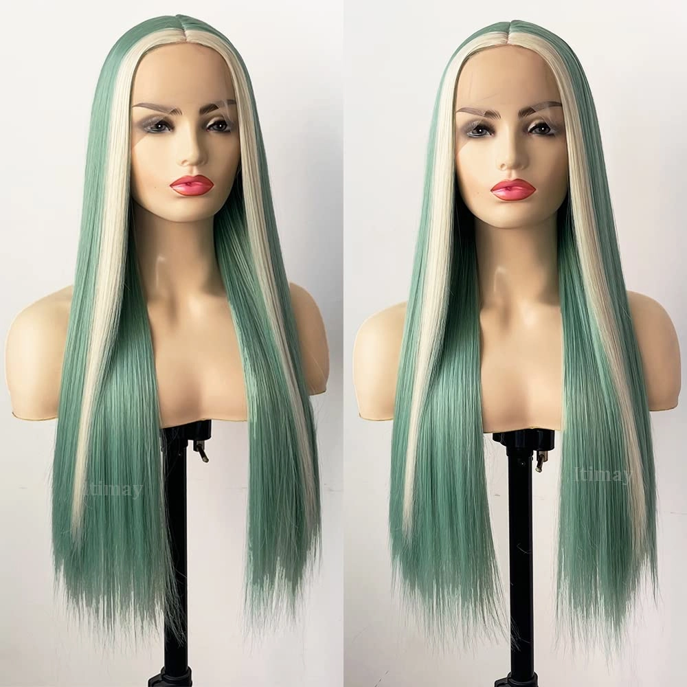 Mint Green Color Long Straight Hair with Platinum Highlight Synthetic Heat Resistant Fiber Wig for Fashion Women