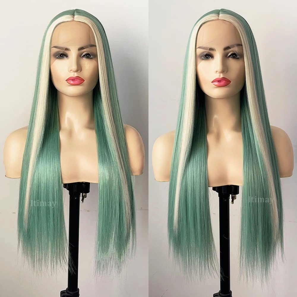 Mint Green Color Long Straight Hair with Platinum Highlight Synthetic Heat Resistant Fiber Wig for Fashion Women