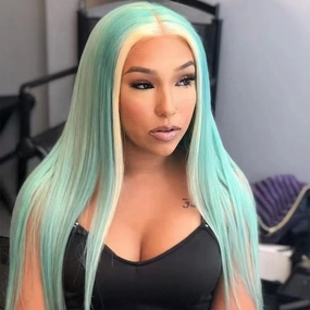 Mint Green Color Long Straight Hair with Platinum Highlight Synthetic Heat Resistant Fiber Wig for Fashion Women