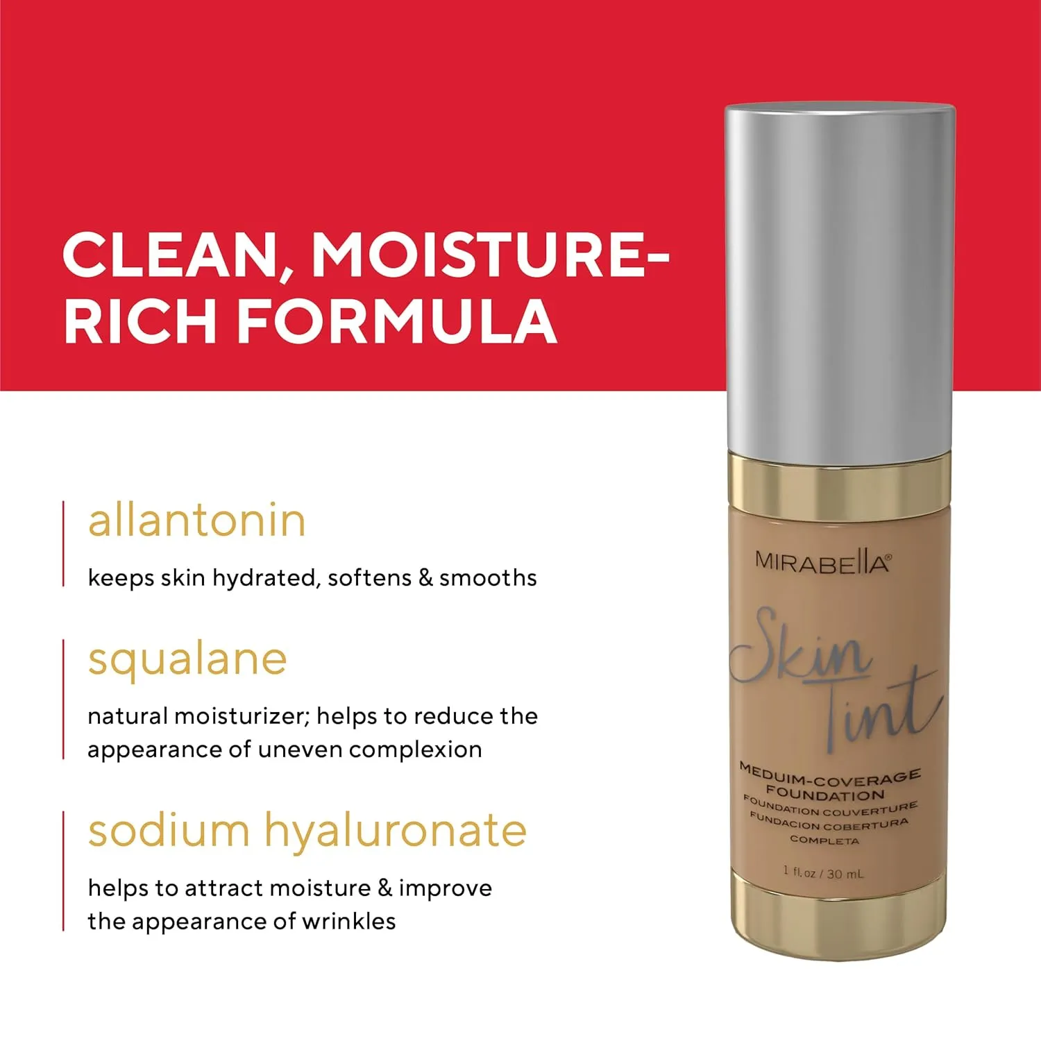 Mirabella Skin Tint Creme Liquid Foundation Makeup, Oil-Free Mineral Foundation for Medium Coverage - w/Hyaluronic Acid, Squalane, & Allantoin for All Skin Types - IN Neutral