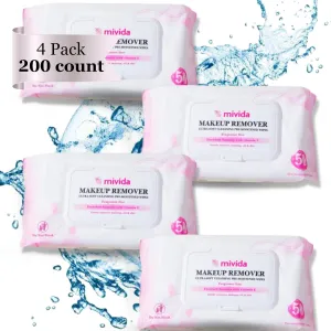mivida Hypoallergenic Makeup Remover Wipes with Vitamin E | 4x50 count Total 200 bulk make up removing Wipes | Fragrance Free makeup wipes