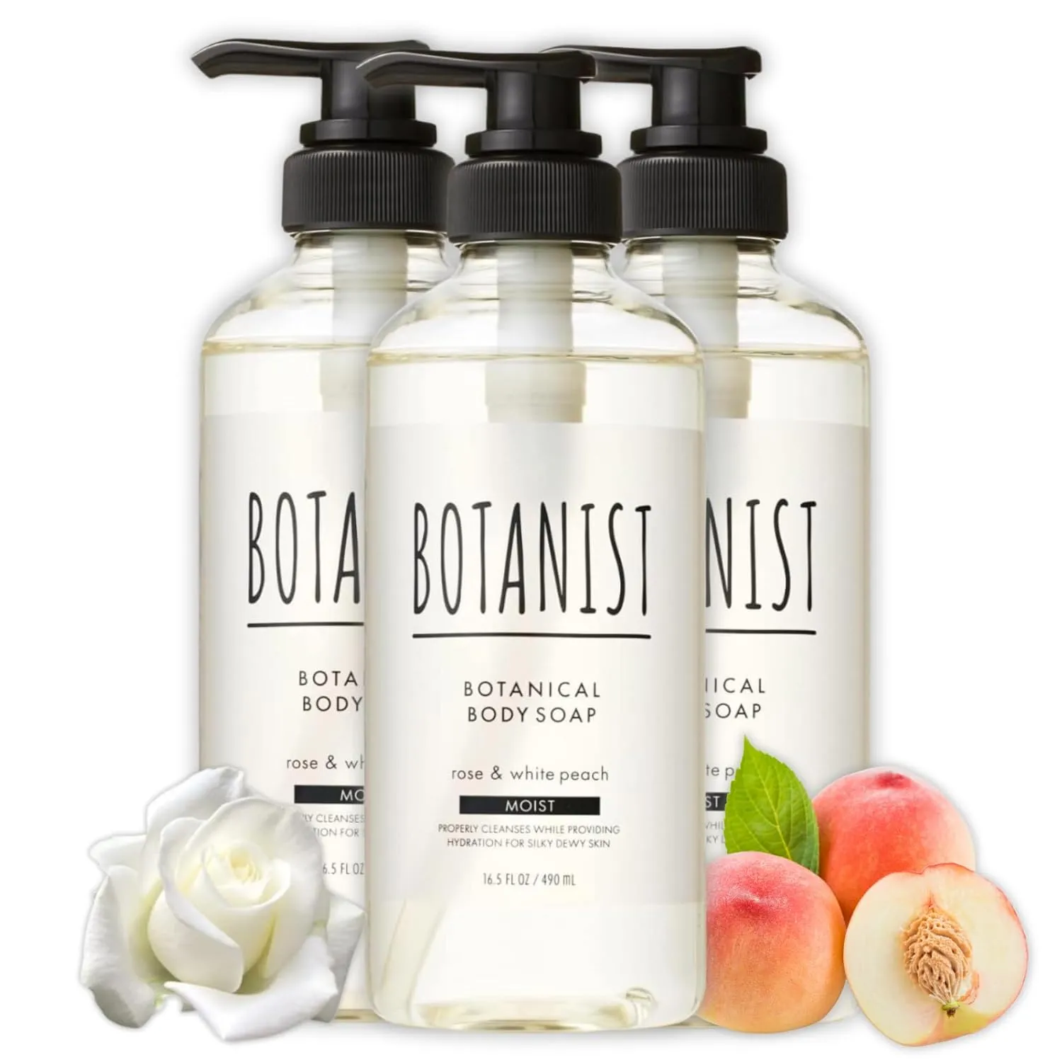Moisturizing Body Wash for Sensitive Skin Women & Men, Natural Shower Gel w/Botanical Butter Milk™, Sulfate & Paraben Free Body Soap from Japan, MOIST, Rose & White Peach,16.5 Fl Oz, 3EA
