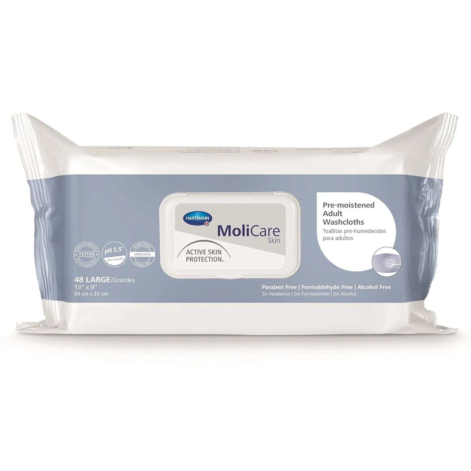MoliCare Skin Personal Wipes, Pre-Moistened Adult Washcloths - Active Skin Protection with Aloe and Lanolin, Hypoallergenic, Alcohol-Free - 9 in x 13 in, 48 Count, 12 Packs, 576 Total