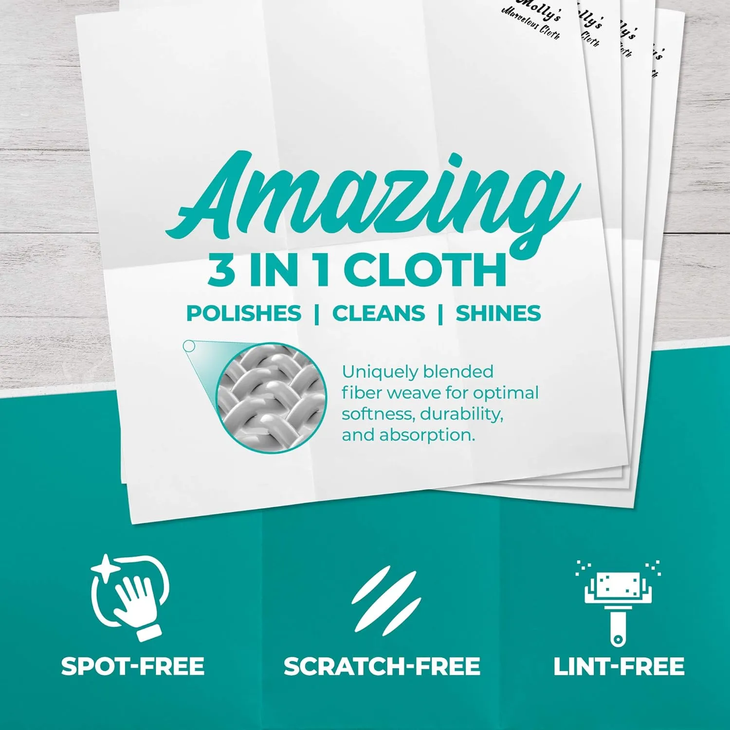 Molly's Marvelous Cloth, Streak-Free, Lint-Free Microfiber Cleaning Cloth, Polishing Cloth for Glass, Stainless Steel, Use for Kitchen, Bath, Cars, Detailing, Reusable (17" by 16") (4pk, White)