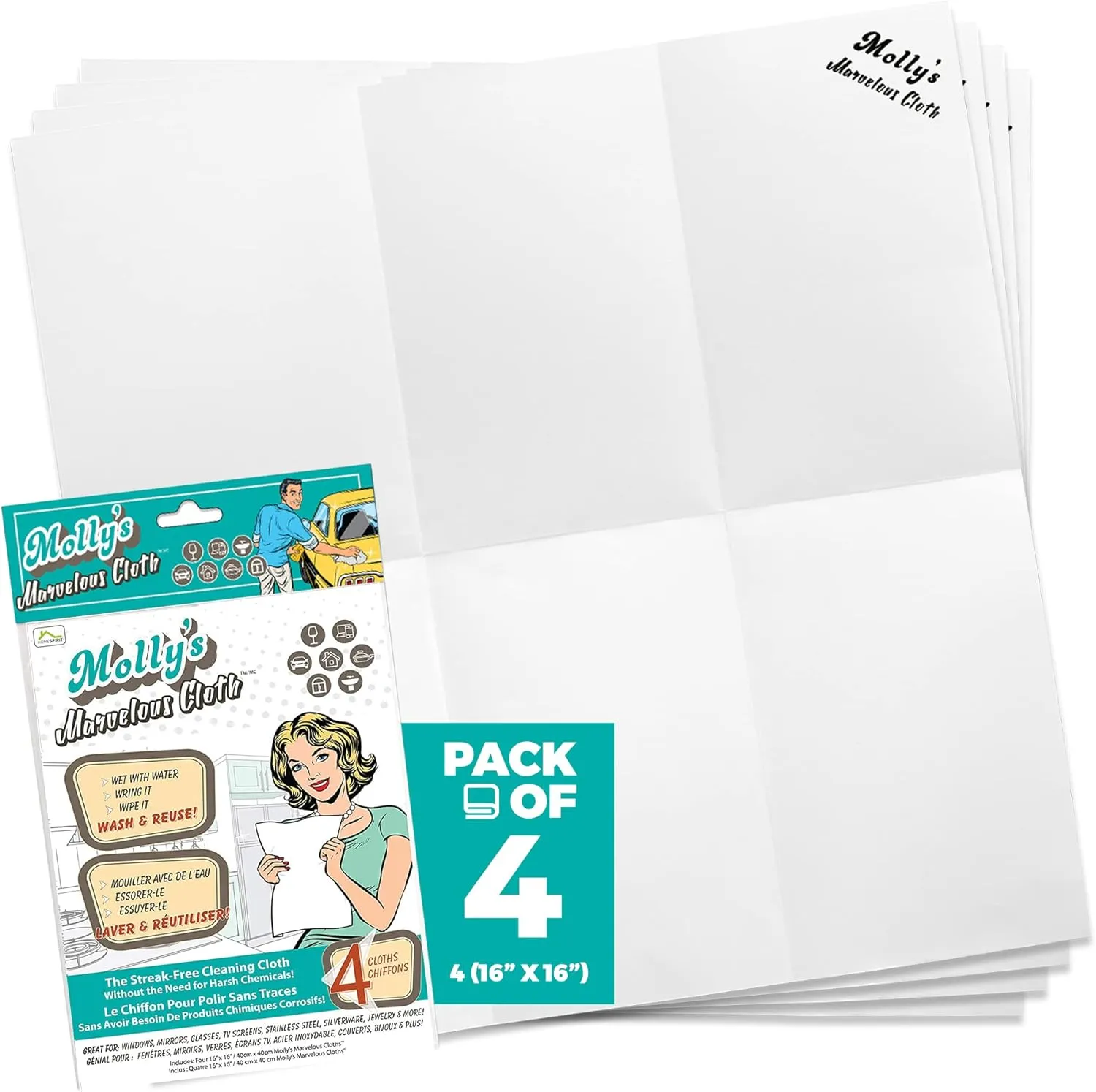 Molly's Marvelous Cloth, Streak-Free, Lint-Free Microfiber Cleaning Cloth, Polishing Cloth for Glass, Stainless Steel, Use for Kitchen, Bath, Cars, Detailing, Reusable (17" by 16") (4pk, White)