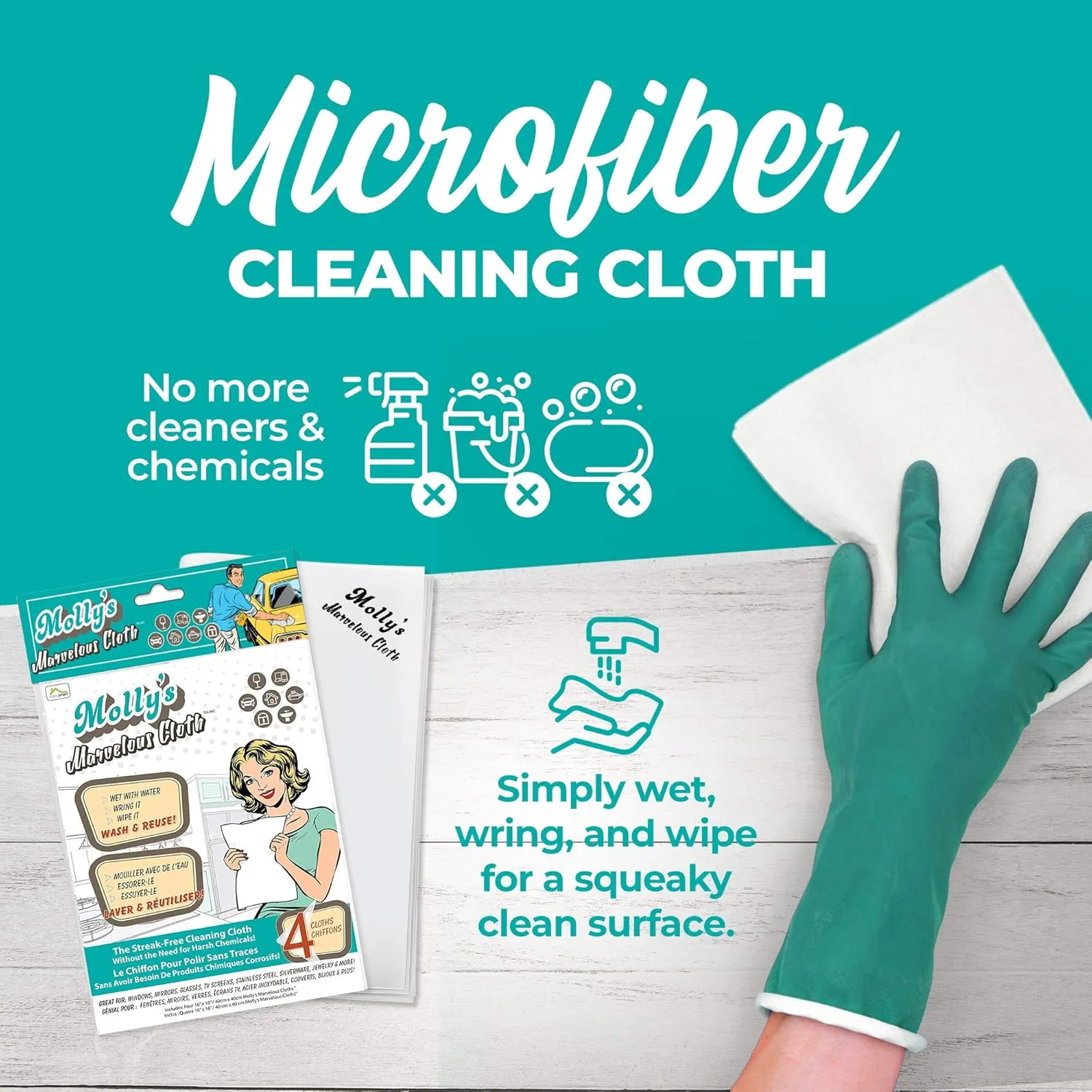 Molly's Marvelous Cloth, Streak-Free, Lint-Free Microfiber Cleaning Cloth, Polishing Cloth for Glass, Stainless Steel, Use for Kitchen, Bath, Cars, Detailing, Reusable (17" by 16") (4pk, White)