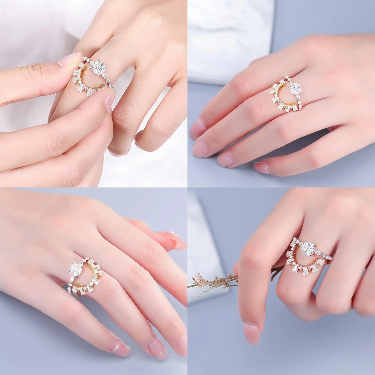 MOOSEA 1.5ct Cushion Moissanite Rings for Women, D Color VVS1 Clarity Lab Created Diamond Rings 14K White Yellow Rose Gold Vermeil Marquise and Round Side Stone Moissanite Engagement Rings for Women