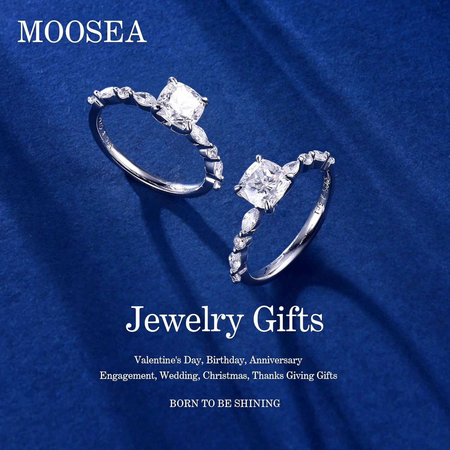 MOOSEA 1.5ct Cushion Moissanite Rings for Women, D Color VVS1 Clarity Lab Created Diamond Rings 14K White Yellow Rose Gold Vermeil Marquise and Round Side Stone Moissanite Engagement Rings for Women