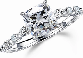 MOOSEA 1.5ct Cushion Moissanite Rings for Women, D Color VVS1 Clarity Lab Created Diamond Rings 14K White Yellow Rose Gold Vermeil Marquise and Round Side Stone Moissanite Engagement Rings for Women