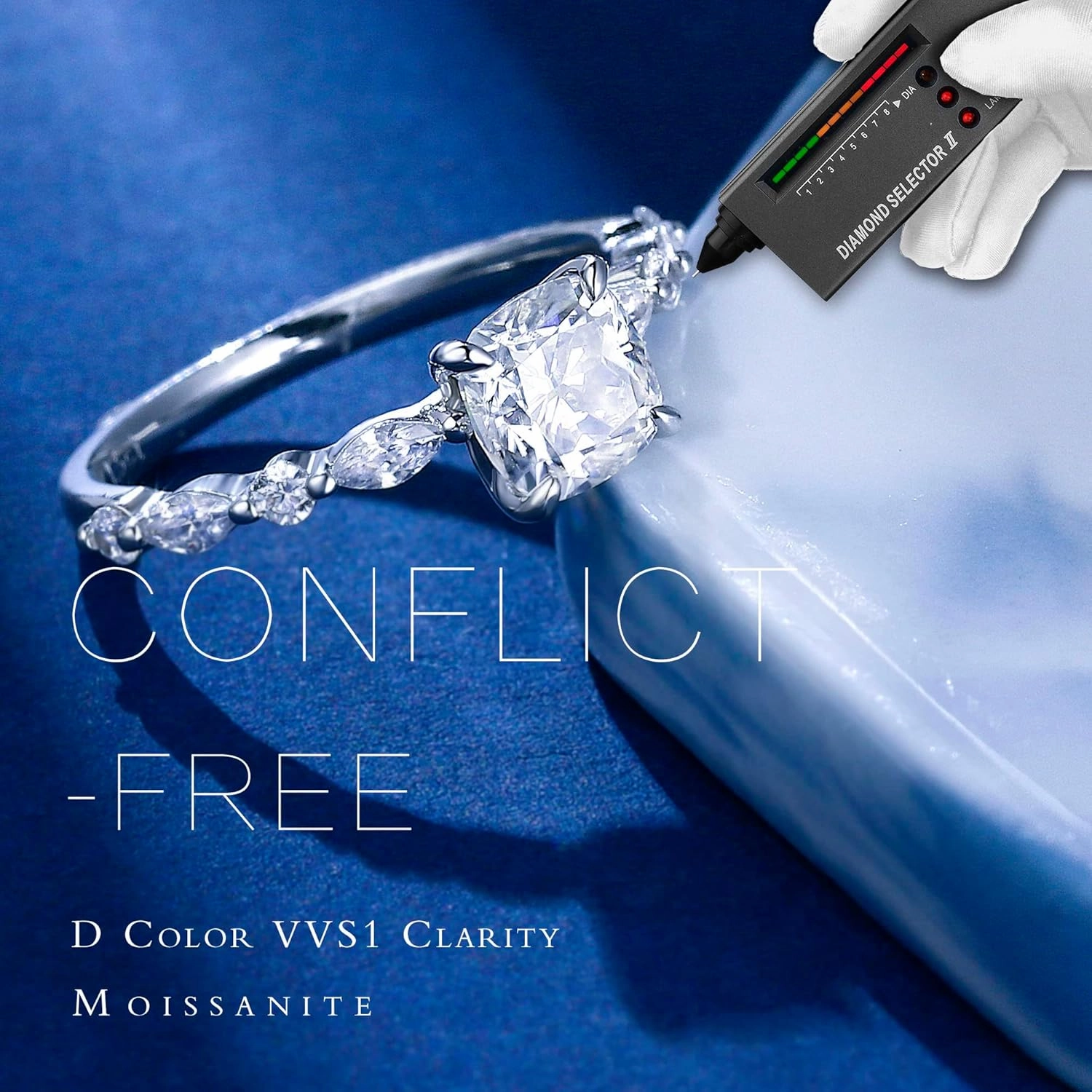 MOOSEA 1.5ct Cushion Moissanite Rings for Women, D Color VVS1 Clarity Lab Created Diamond Rings 14K White Yellow Rose Gold Vermeil Marquise and Round Side Stone Moissanite Engagement Rings for Women