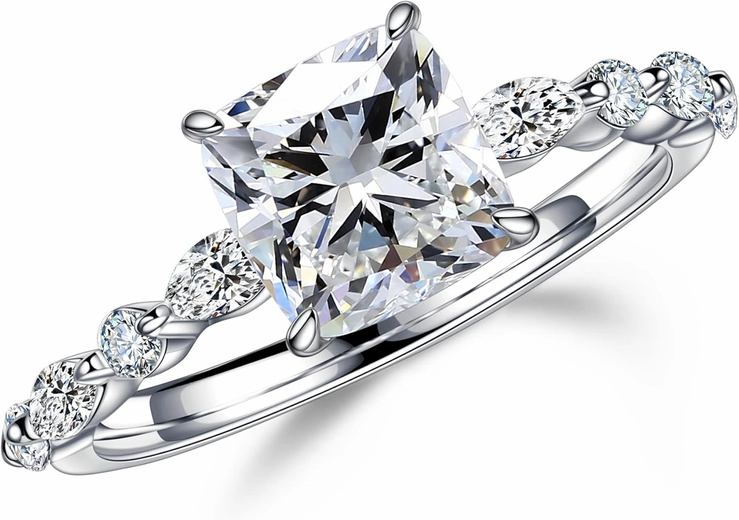 MOOSEA 1.5ct Cushion Moissanite Rings for Women, D Color VVS1 Clarity Lab Created Diamond Rings 14K White Yellow Rose Gold Vermeil Marquise and Round Side Stone Moissanite Engagement Rings for Women