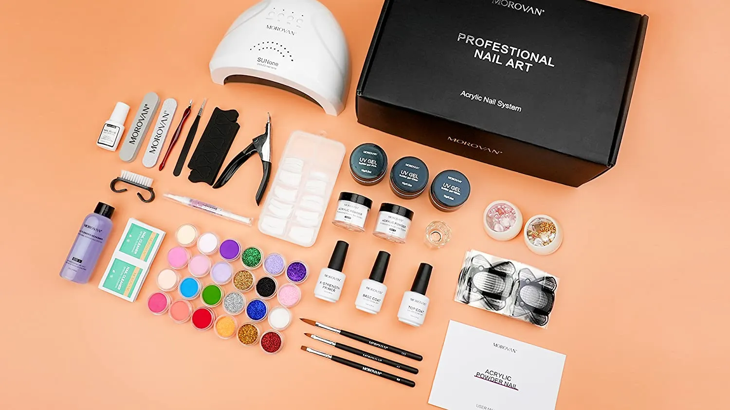 Morovan Acrylic Nail Kit - Glitter Acrylic Powder and Monomer Nail Liquid Nails Kit Acrylic Set with 48W Nail Lamp UV Gel Primer for Acrylic Nails