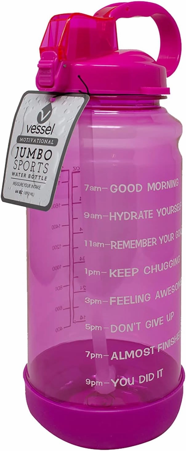 Motivational Sports Water Bottle With Straw Top, Silicon Bottom Keep You Hydrated & Motivated, Pushing Towards Greatness Throughout the Day, 64 Ounces (Pink)