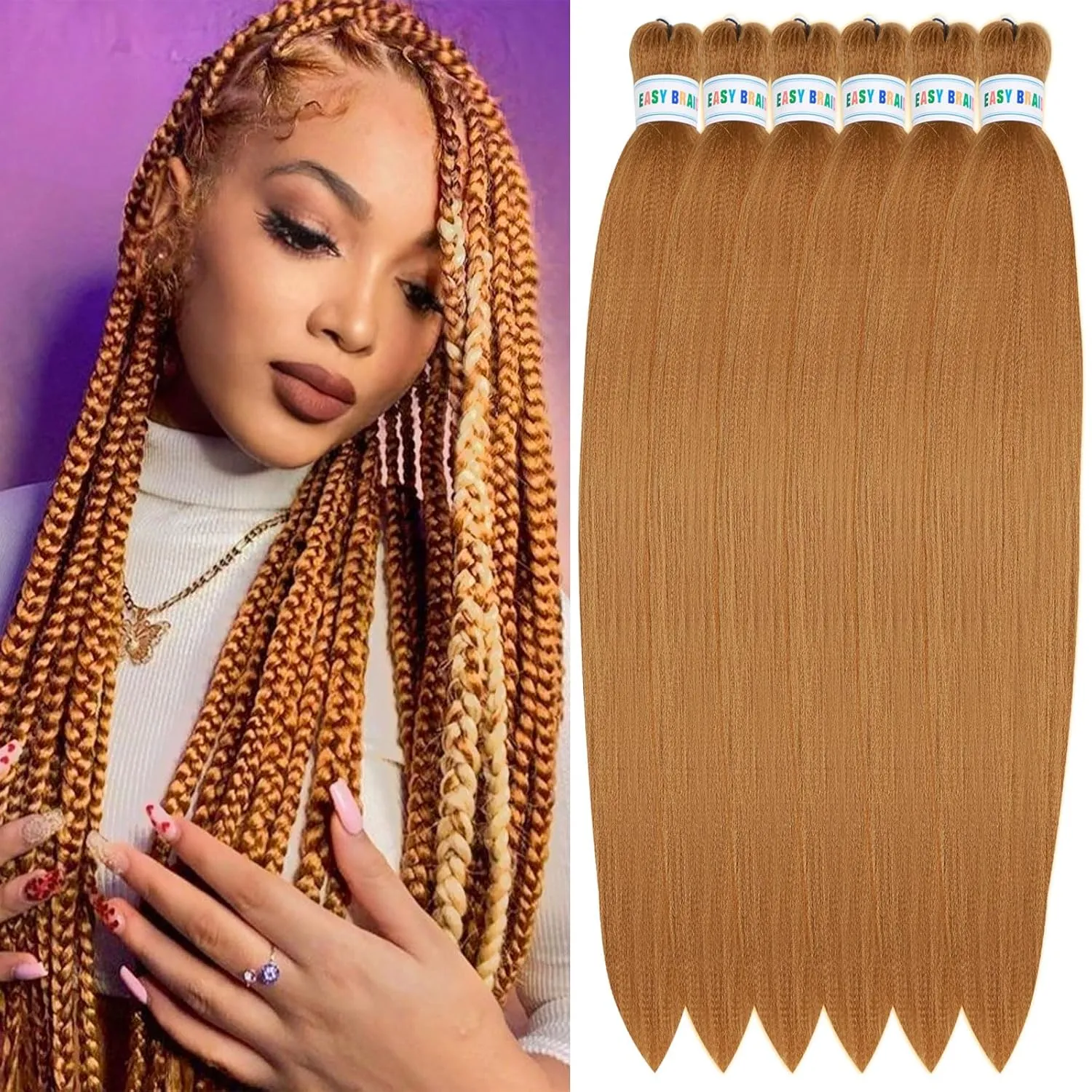 Ms Aloe Blonde Braiding Hair Pre Stretched Braiding Hair 26inch Hot Water Setting Prestretched Braids Hair Honey Blonde Colored Hair Extensions for Braiding(27#, 6pack)