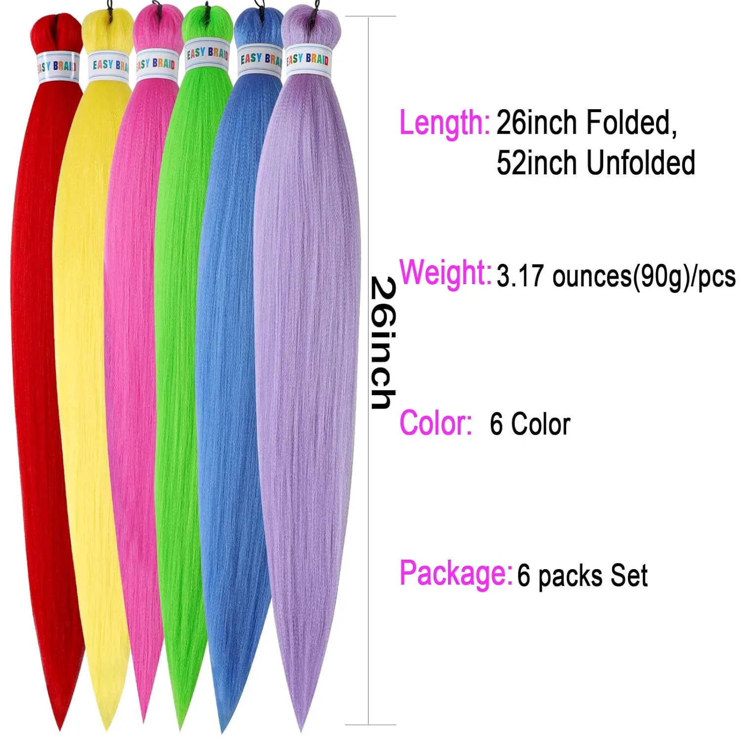 Ms Aloe Colorful Braiding Hair Pre Stretched Braiding Hair Multi Colored Braiding Hair Soft Knoteless Braids Hair 26inch 6 Pack Rainbow Braiding Hair Pre Stretched
