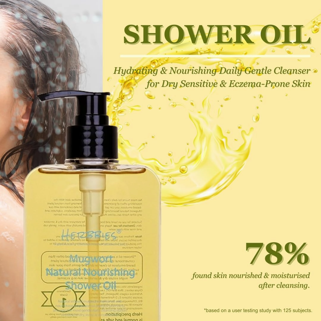 Mugwort Natural Nourishing Shower Oil for Sensitive Skin – Body Cleansing Oil for Eczema, Dryness, Itchy Skin, Redness Relief – Unscented Oil-to-Milk Lather (10.4 fl oz)