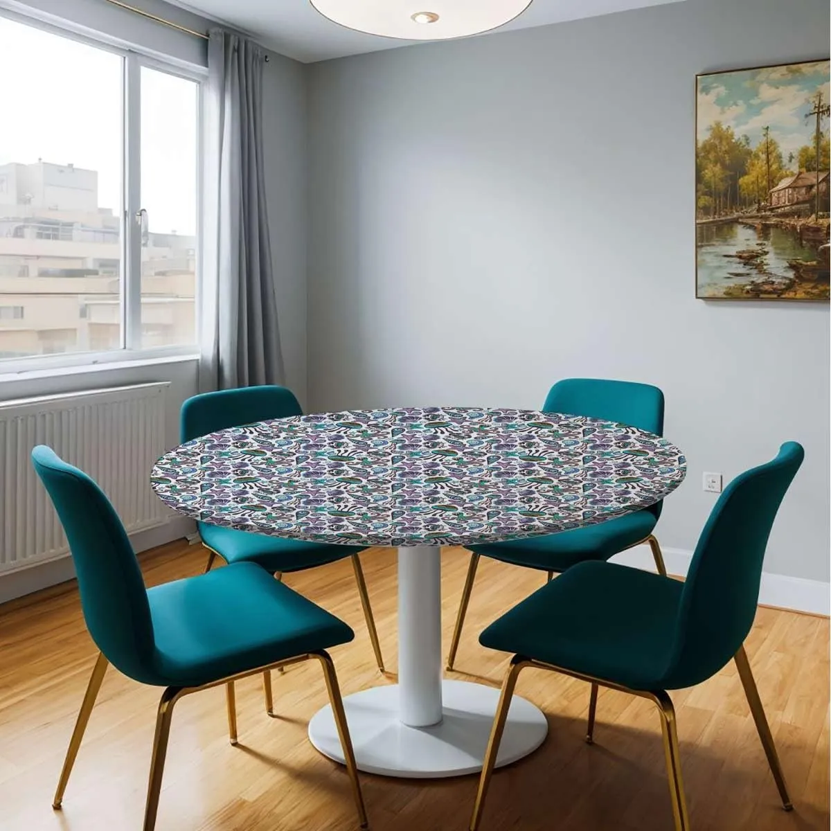 Multi Round Waterproof Table Cover Elastic Tablecloth Bunch of Deep Sea Elements with Screw Shell Crabs Polyester Washable Table Cloths Fit for 40""-43"" Diameter Table Marine