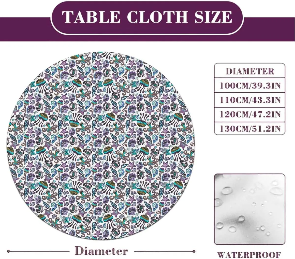 Multi Round Waterproof Table Cover Elastic Tablecloth Bunch of Deep Sea Elements with Screw Shell Crabs Polyester Washable Table Cloths Fit for 40""-43"" Diameter Table Marine