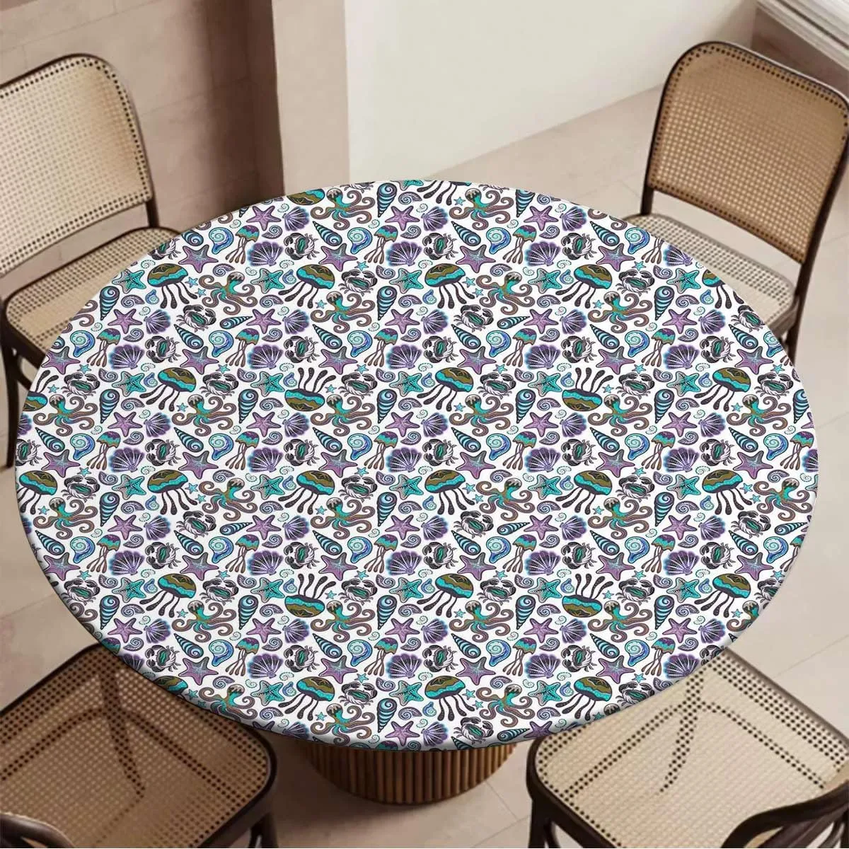 Multi Round Waterproof Table Cover Elastic Tablecloth Bunch of Deep Sea Elements with Screw Shell Crabs Polyester Washable Table Cloths Fit for 40""-43"" Diameter Table Marine