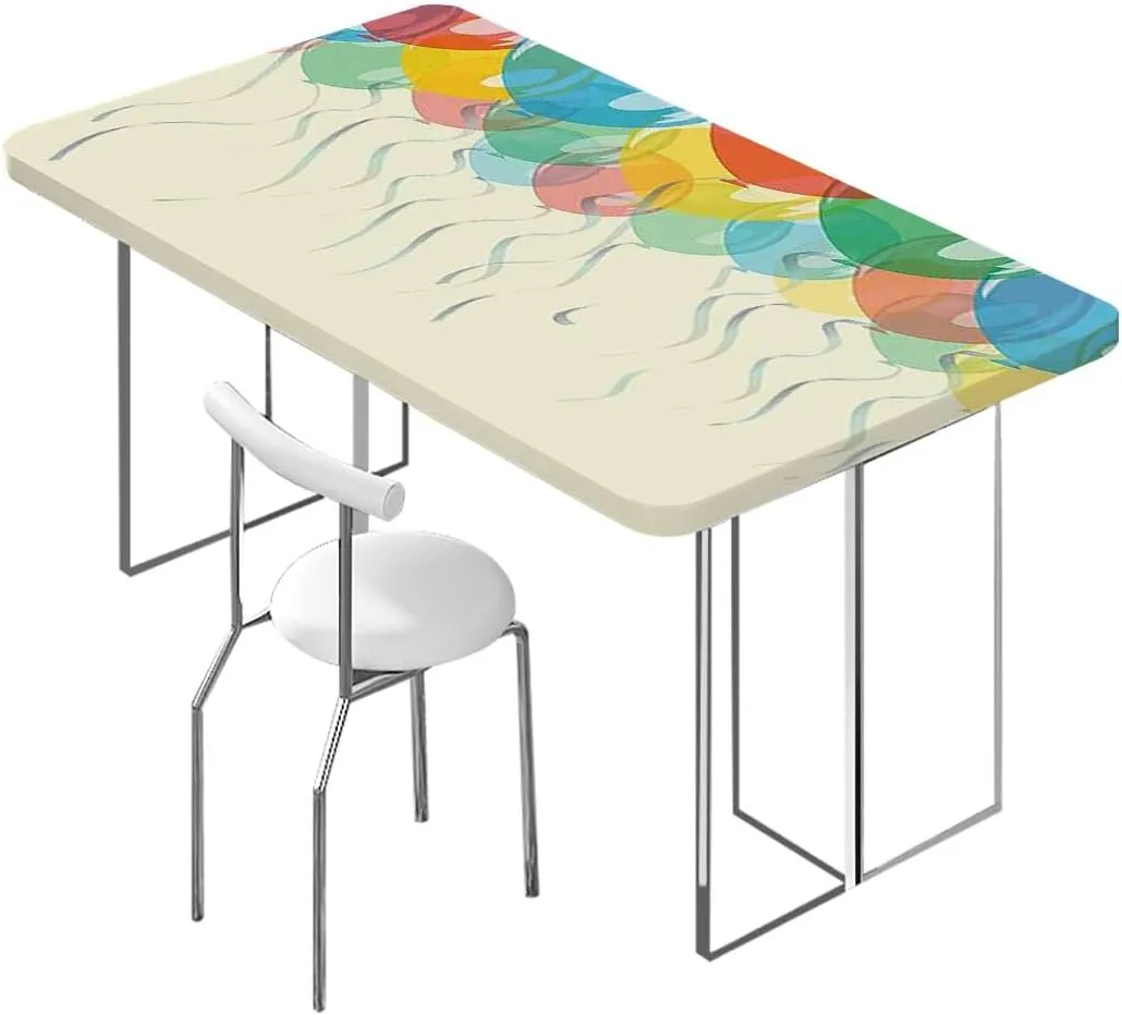 Multicolor Fitted Tablecloth Cover, Bunch of Various Colored Balloon Flying Table ​Cover ​for Kitchen Dining Party Picnic Abstract Fits up 4 Foot Tables
