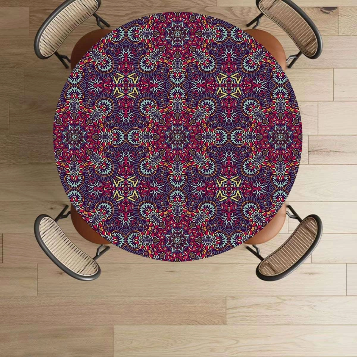 Multicolor Elastic Edged Polyester Fitted Table Cover Rainbow Colored Floral Swirls Pattern Covers for The Home Elastic Edged Flannel Backed Fitted Table Cover Fits up 45"-50" Diameter Tables