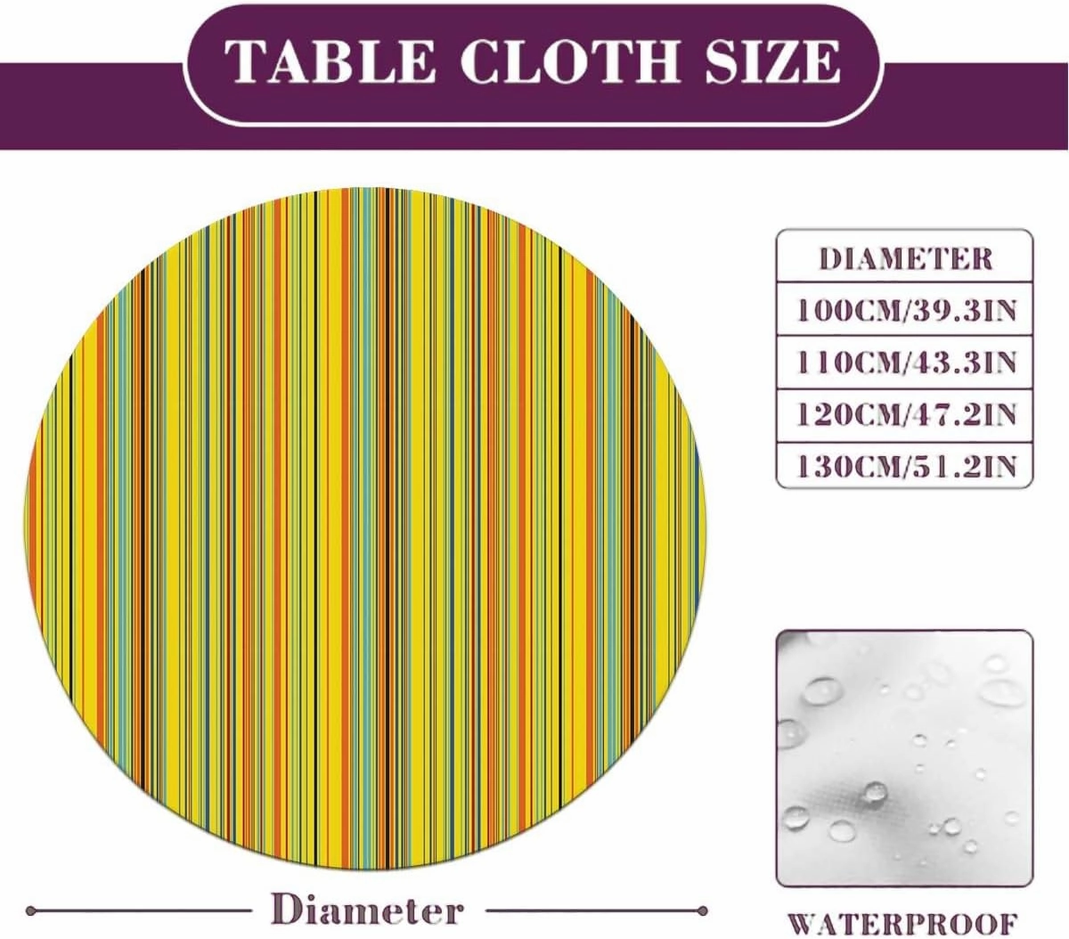 Multicolor Round Tablecloth with Elastic Edge Colored Stripes Vertical Pattern Modern Soft-Touch Fitted Table Cloth, Waterproof Oil-Proof Table Cover Abstract Fit for 48"-51" Table