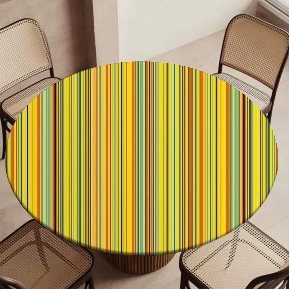 Multicolor Round Tablecloth with Elastic Edge Colored Stripes Vertical Pattern Modern Soft-Touch Fitted Table Cloth, Waterproof Oil-Proof Table Cover Abstract Fit for 48"-51" Table