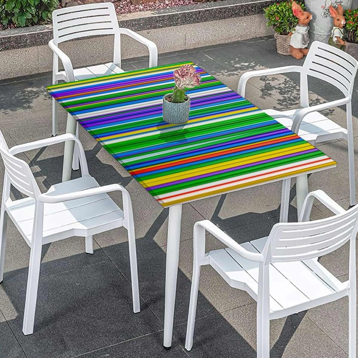 Multicolor Tablecloth Elastic Edge Fitted Colored Stripes Vertical Pattern Modern Soft-Touch Fitted Table Cloth, Waterproof Oil-Proof Table Cover Abstract Fits up 5 Foot Tables