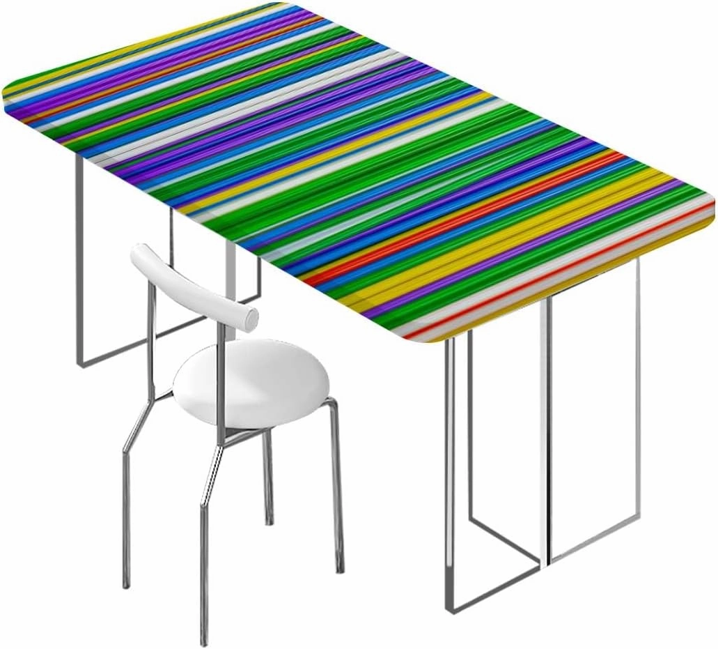 Multicolor Tablecloth Elastic Edge Fitted Colored Stripes Vertical Pattern Modern Soft-Touch Fitted Table Cloth, Waterproof Oil-Proof Table Cover Abstract Fits up 5 Foot Tables