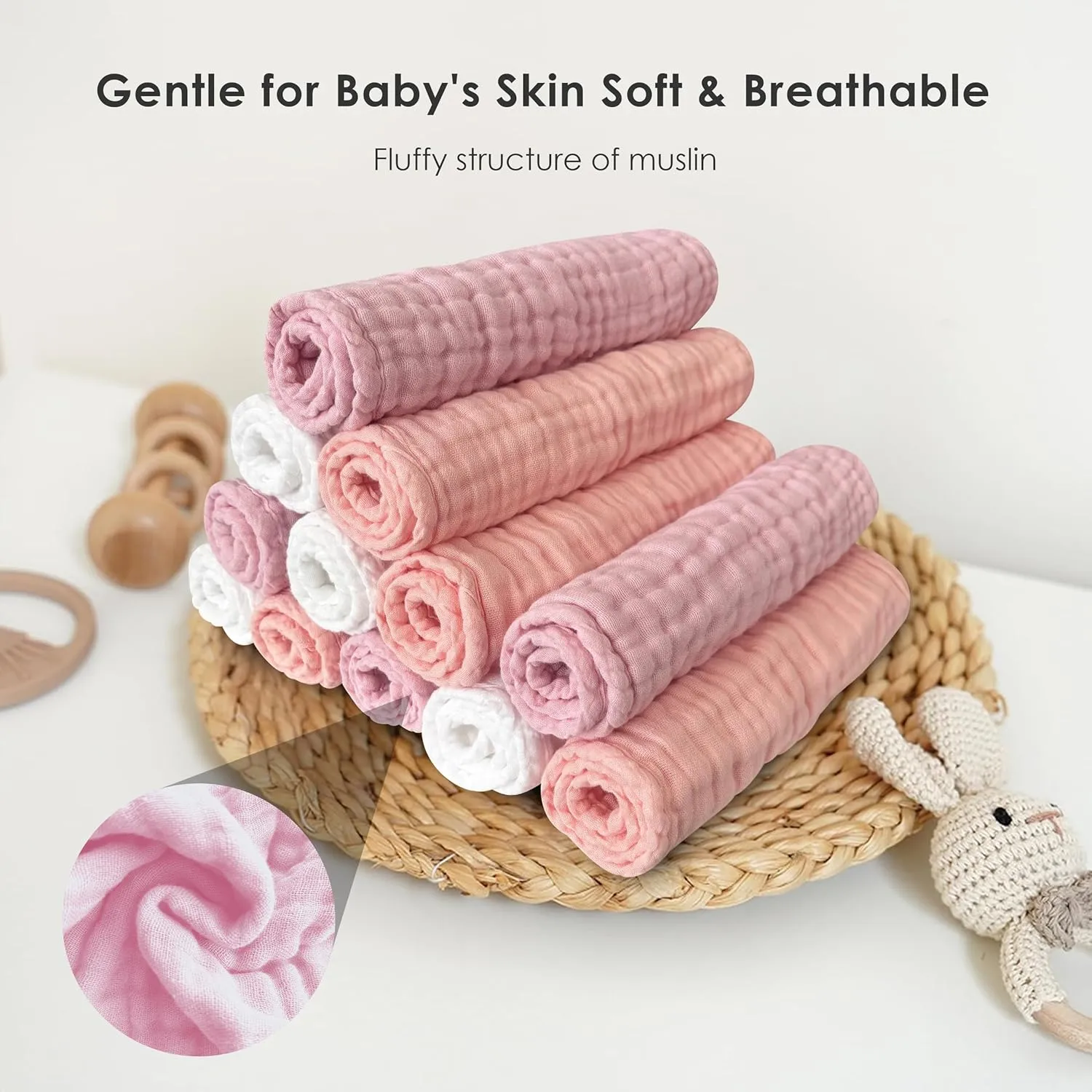 Muslin Burp Cloths for Baby 100% Cotton Burping Cloths for Unisex, Boy, Girl - Large 20'' by 10'' Newborn Essentials Ultra Soft Absorbent Milk Spit Up Rags - 12 Pack - White Light Sakura Series