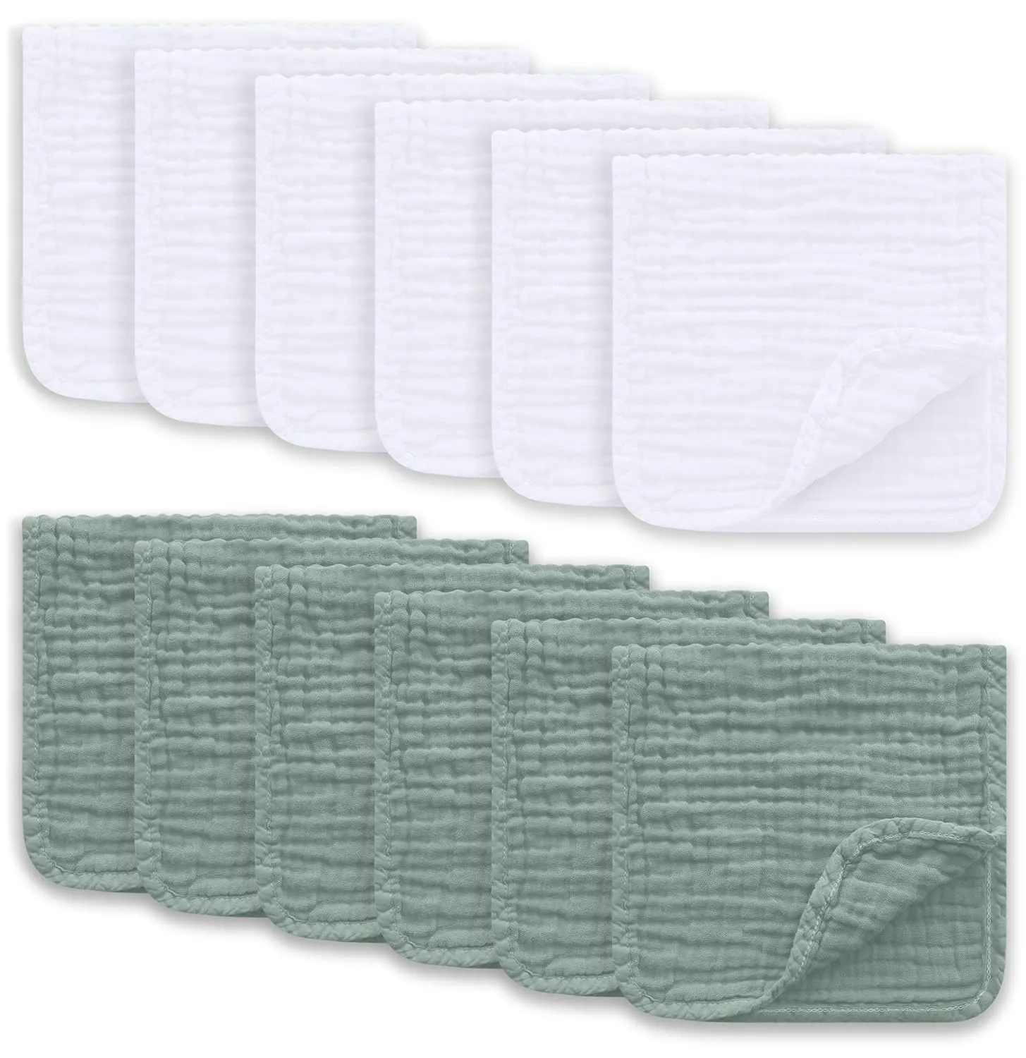 Muslin Burp Cloths Large 100% Cotton Hand Washcloths for Boys & Girls, Baby Essentials Extra Absorbent and Soft Burping Rags for Newborn Registry (White & Green, 12-Pack, 20" X10")