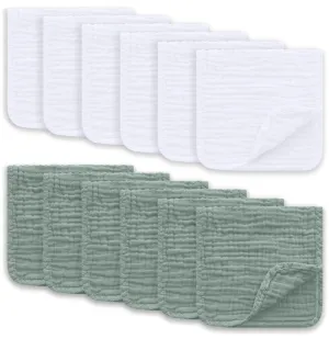 Muslin Burp Cloths Large 100% Cotton Hand Washcloths for Boys & Girls, Baby Essentials Extra Absorbent and Soft Burping Rags for Newborn Registry (White & Green, 12-Pack, 20" X10")