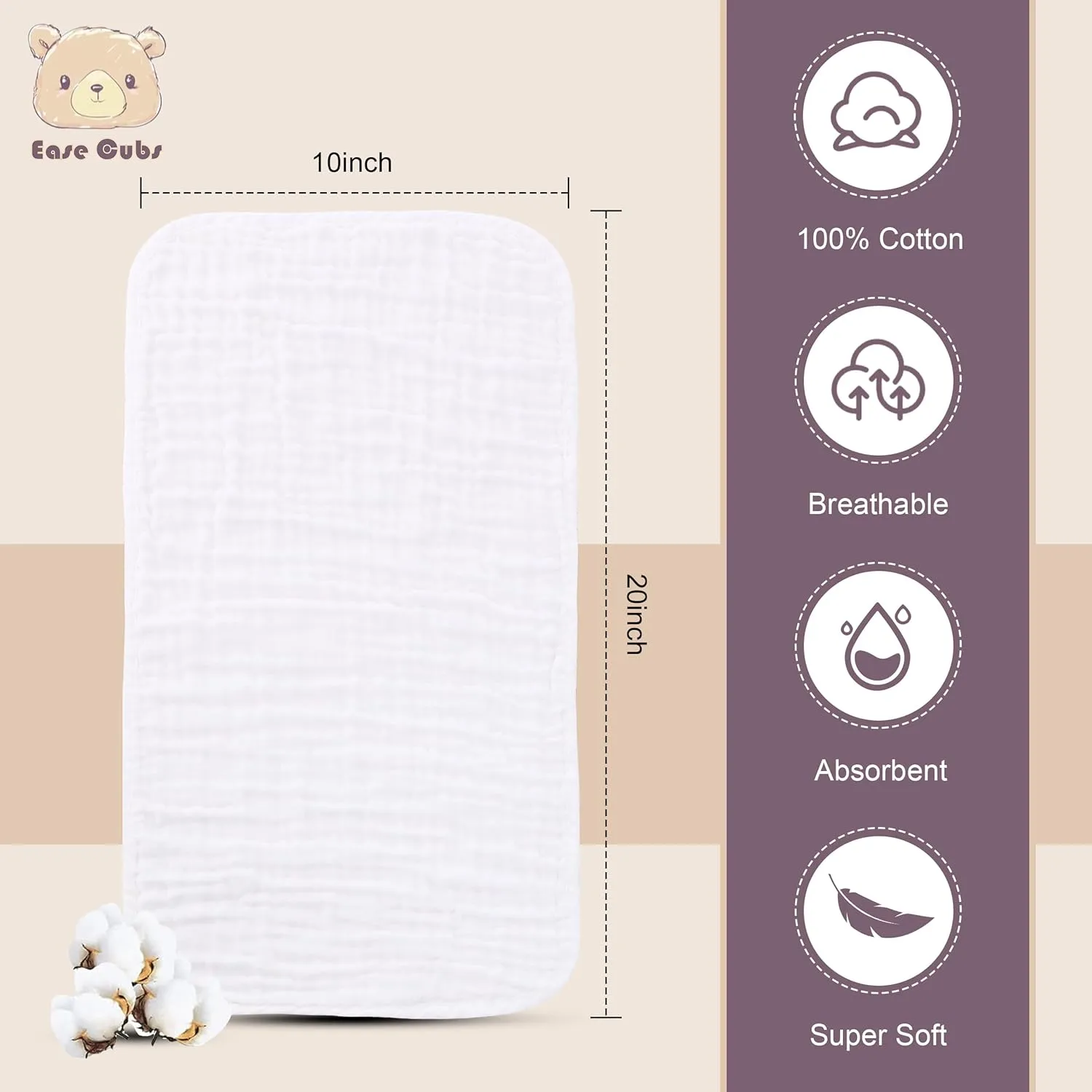 Muslin Burp Cloths Large 100% Cotton Hand Washcloths for Boys & Girls, Baby Essentials Extra Absorbent and Soft Burping Rags for Newborn Registry (White & Green, 12-Pack, 20" X10")