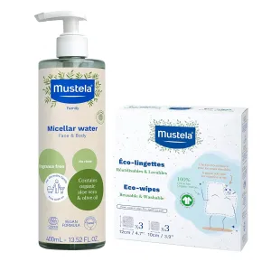 Mustela Certified Organic Micellar Cleansing Water & Reusable 100% Cotton Eco-Wipes Bundle - For Makeup Removal or Baby Quick Cleanups
