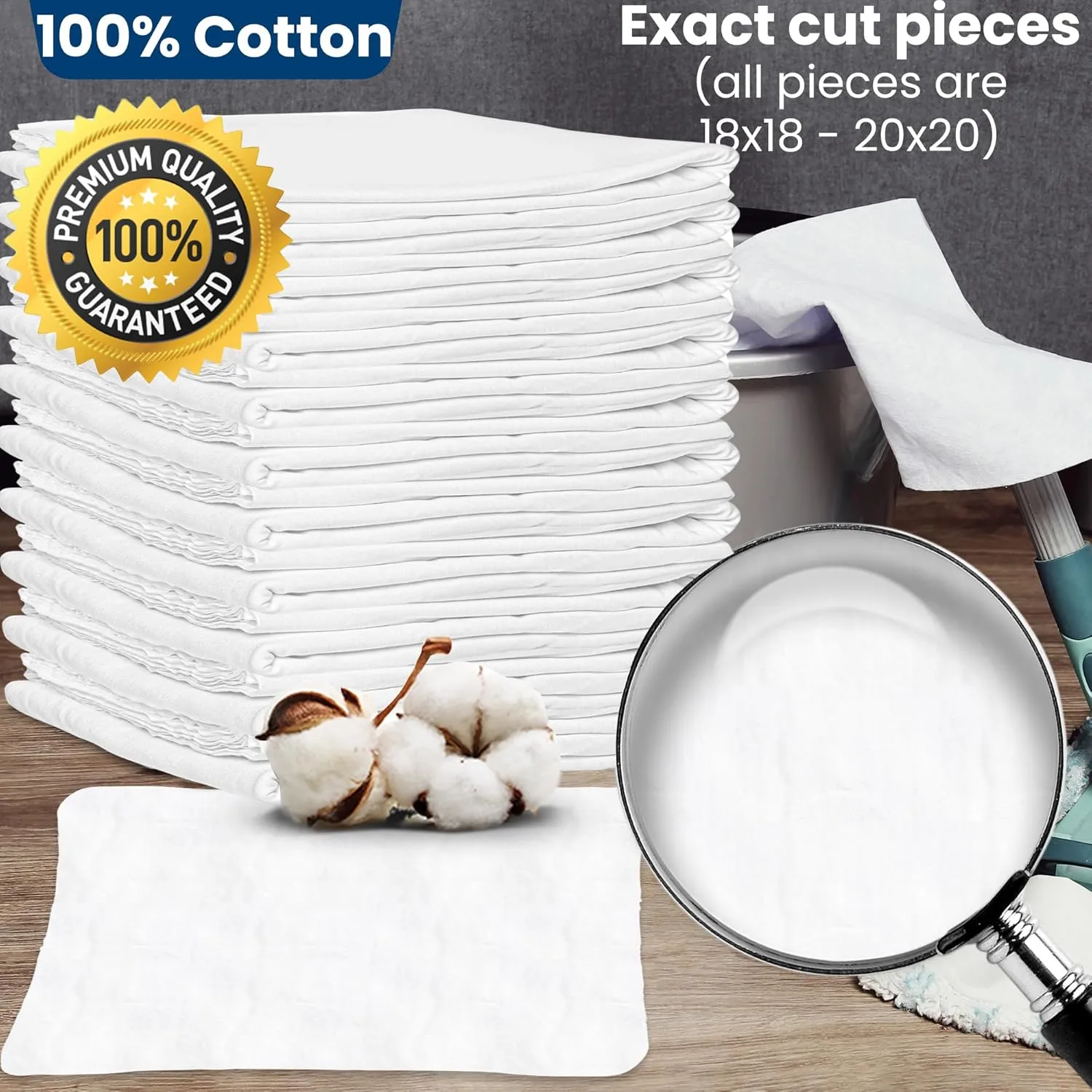 Nabob Wipers New Lint Free Rags 100% Cotton Cleaning Rags, Soft Cloth Tshirt Material for Cast Iron, Staining Wood, Dust Rags, Shoe Polishing (18"x18") 150 Pack