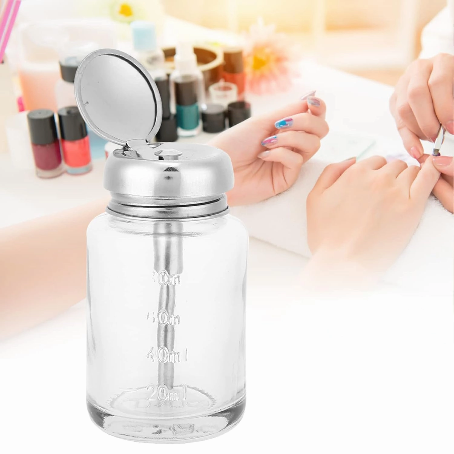 Nail Polish Remover Bottles Refillable Pump Dispenser Bottles Pump Dispenser 80ML Push Down Nail Polish Remover Glass Bottle Empty Portable Push Down Pump Dispenser for Head Lip Eye Makeup Remover(1)