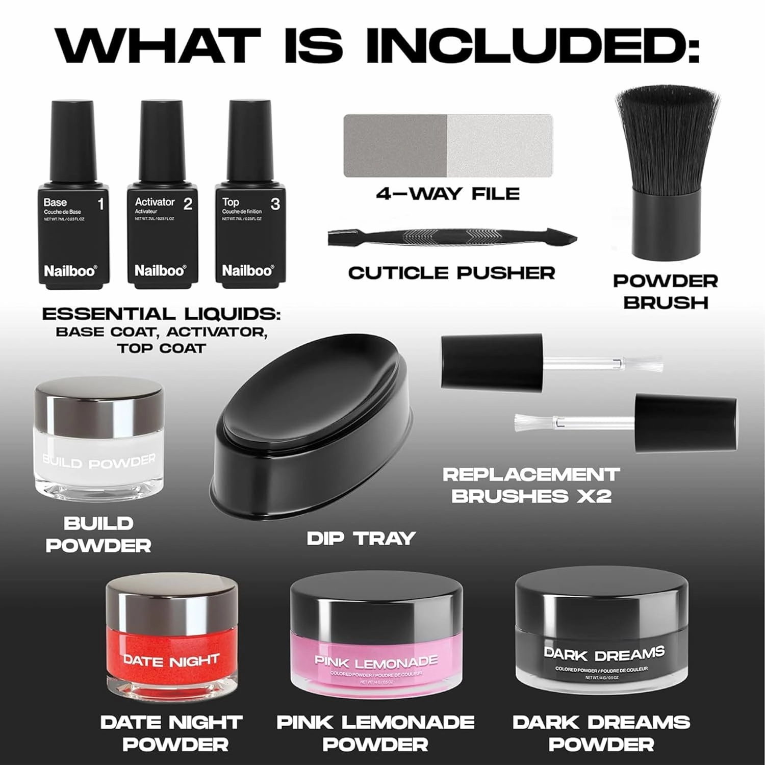 Nailboo Premium Dip Nails Essentials Kit, Nail Powder Dip Kit for DIY At Home Manicure, Includes Dipping Powder and Liquids, Red, Pink, and Black