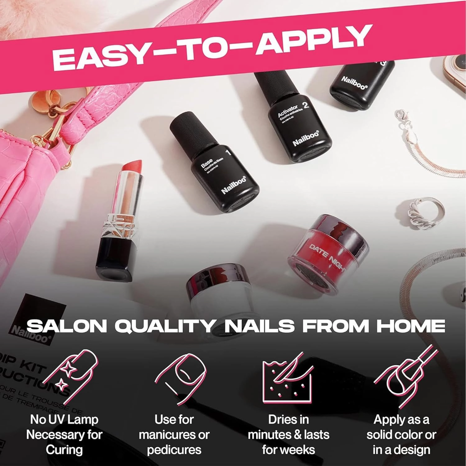 Nailboo Premium Dip Nails Essentials Kit, Nail Powder Dip Kit for DIY At Home Manicure, Includes Dipping Powder and Liquids, Red, Pink, and Black