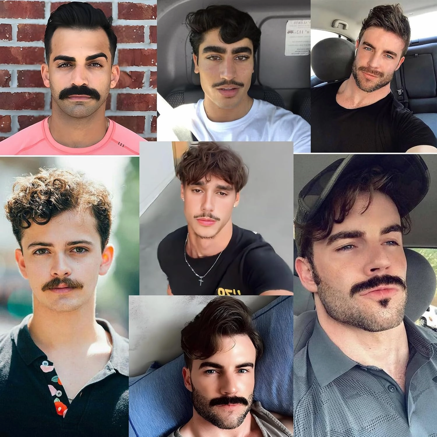 Natural Realistic 100% Human Hair Fake Beard & Mustache - Handmade Invisible Lace Facial Hair for Costume/Entertainment/Drama/Parties/Cosplay/Halloween/Film Makeup (Black, 3-1)